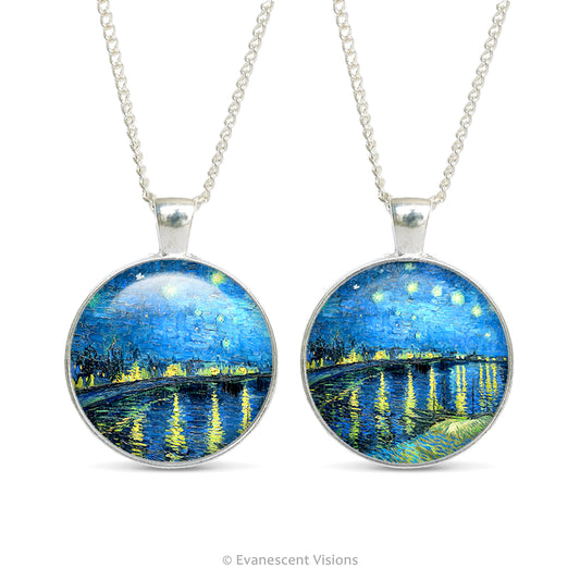 Front and back views of a necklace with pendant featuring Van Gogh's 'Starry Night over the Rhone' on a white background.