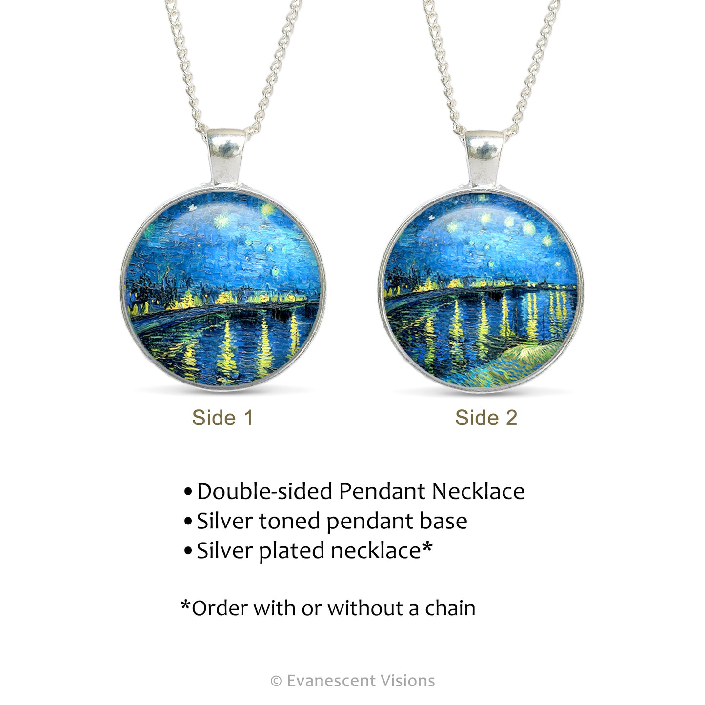 Product details for a pendant necklace featuring Van Gogh's 'Starry Night over the Rhone' on a white background.
