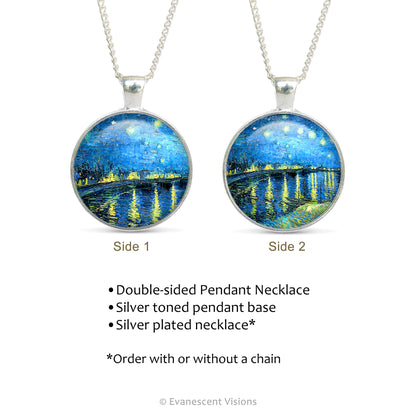 Product details for a pendant necklace featuring Van Gogh's 'Starry Night over the Rhone' on a white background.