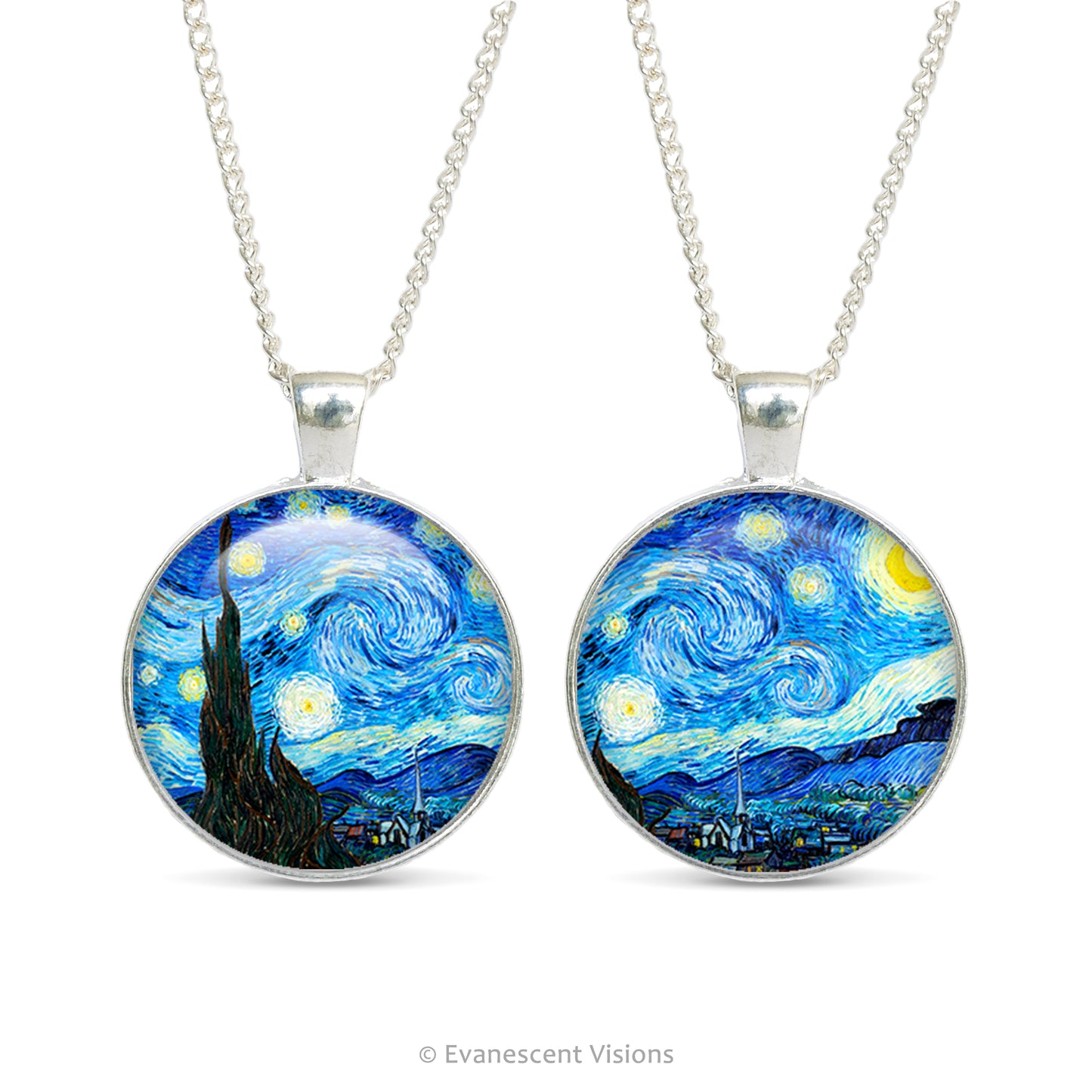 Double sided pendant necklace with artwork detail from 'The Starry Night' by Vincent Van Gogh