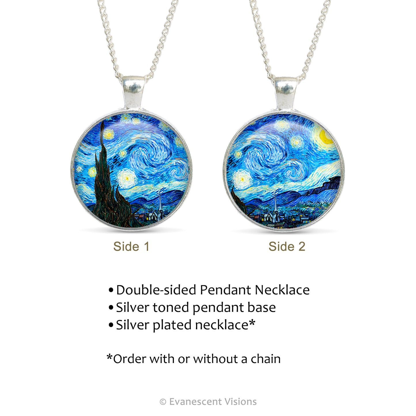 Product details for the Double sided pendant necklace with artwork detail from 'The Starry Night' by Vincent Van Gogh
