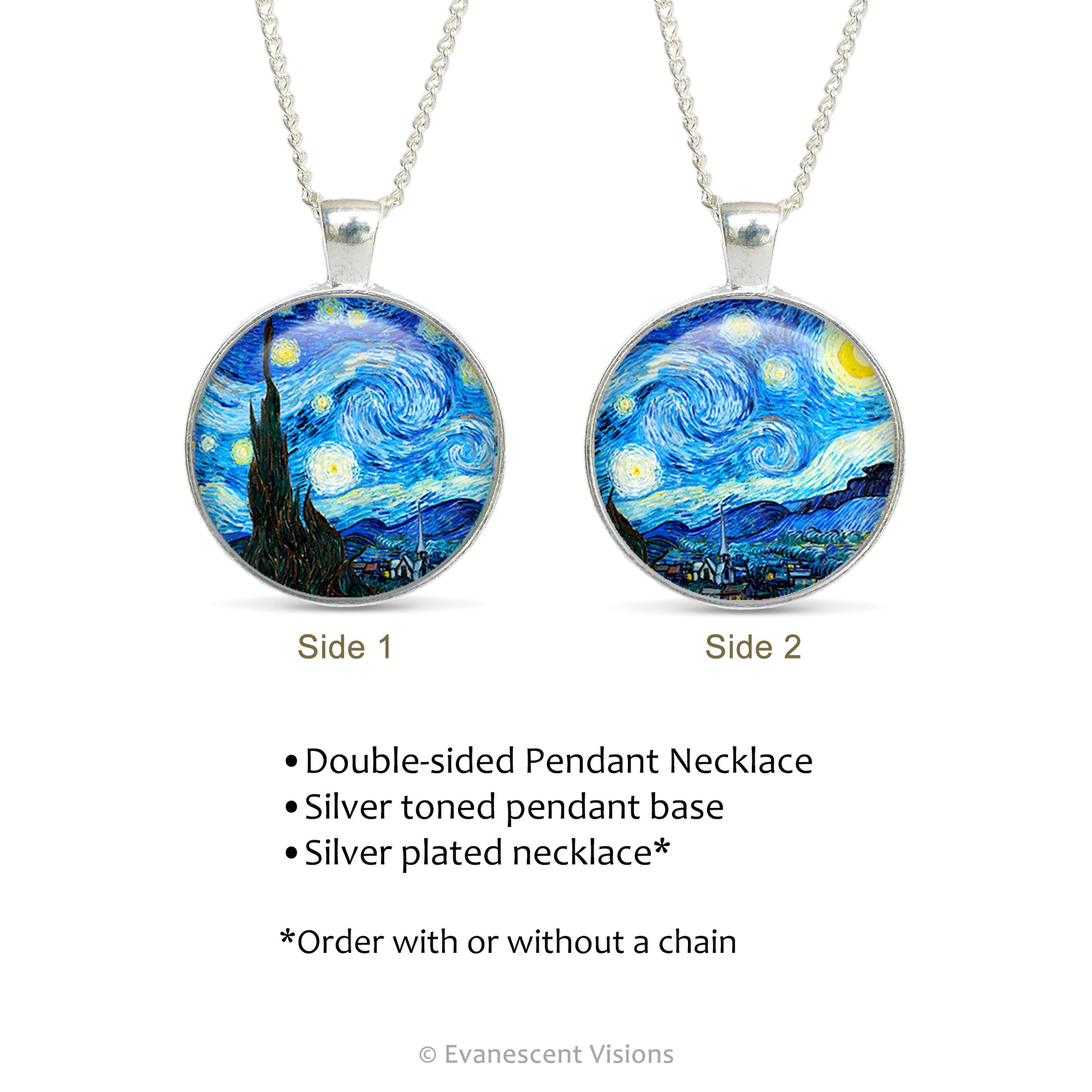 Product details for the Double sided pendant necklace with artwork detail from 'The Starry Night' by Vincent Van Gogh
