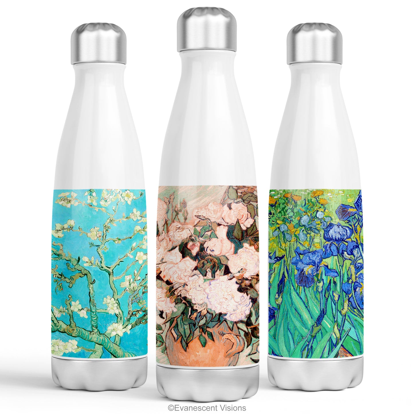 Three Stainless Steel Thermos Water Bottles with Van Gogh Floral Designs.