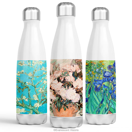 Three Stainless Steel Thermos Water Bottles with Van Gogh Floral Designs.