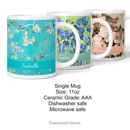 Product details for the Vincent Van Gogh Floral Paintings personalised ceramic mugs