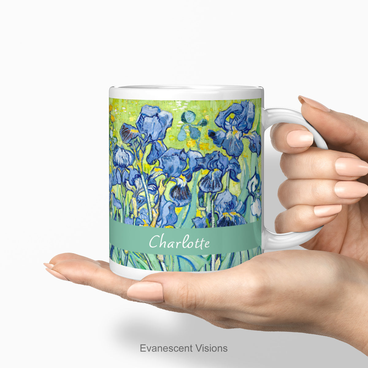 A hand holding a personalised name ceramic mug printed with Van Gogh's Irises painting.