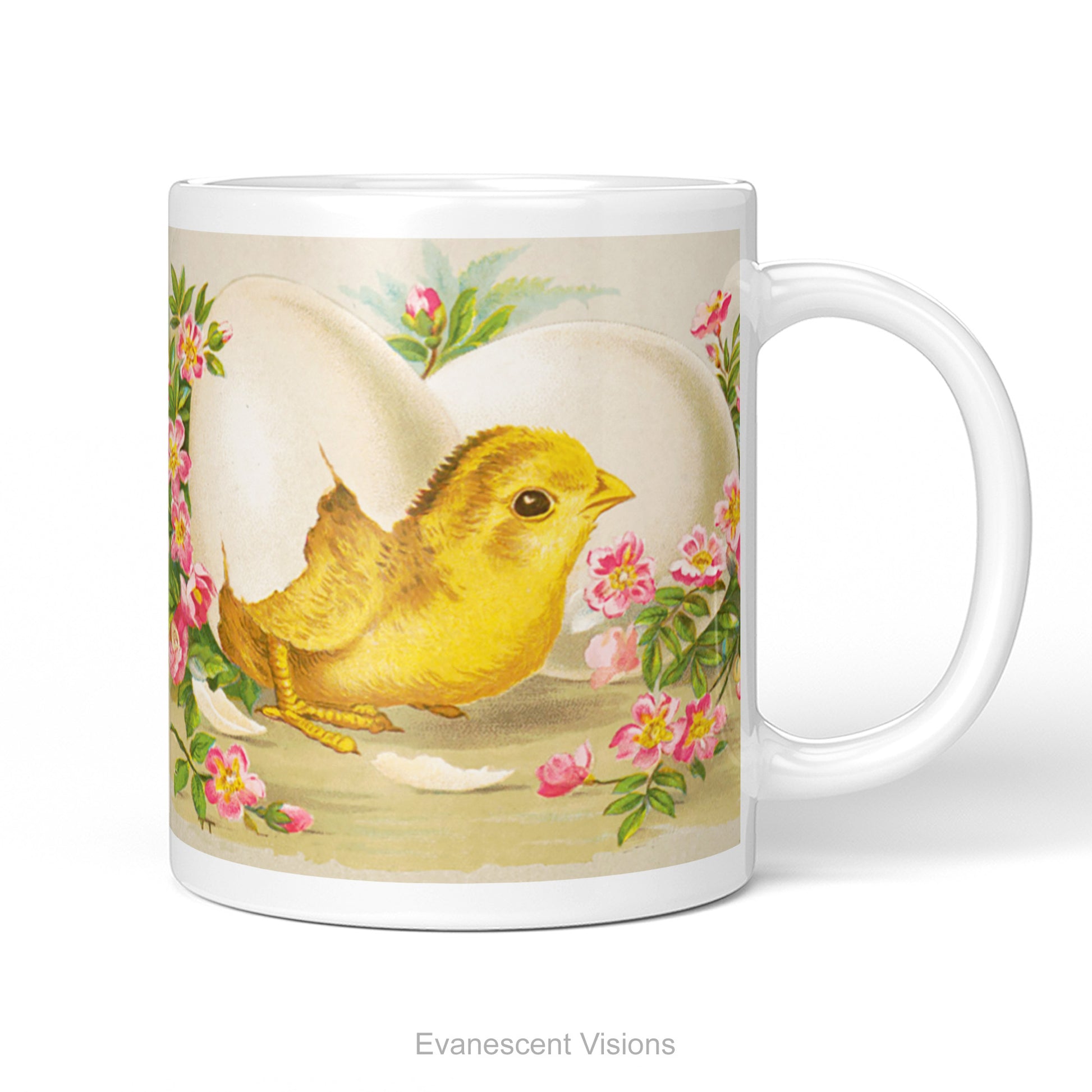 Mug with design of Easter Chick breaking out of an egg surrounded by pink flowers