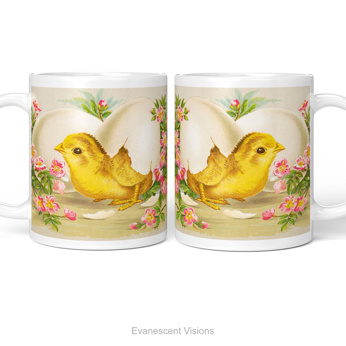 Left and right side views of a white ceramic mug with a vintage design of a yellow Easter Chick breaking out of an egg surrounded by pink flowers and green leaves., shown on a white background.