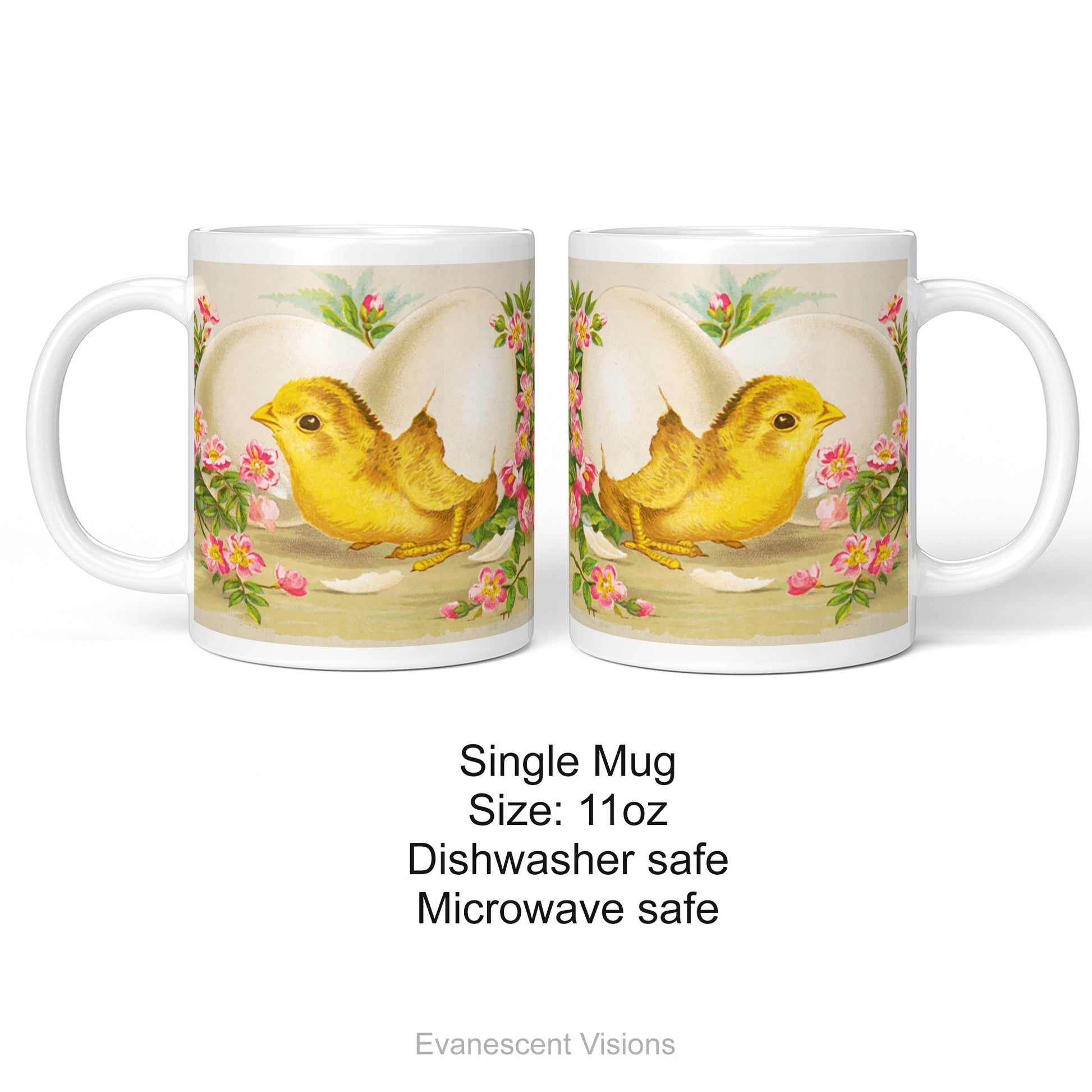 Both sides of mug shown with design of Easter Chick breaking out of an egg surrounded by pink flowers. Underneath are product details.