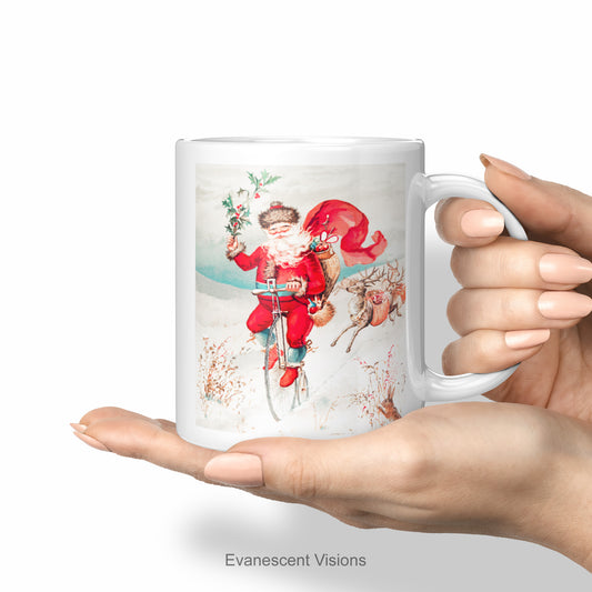 Santa Christmas Mug, with a vintage painting of Santa on a Penny Farthing bycicle.