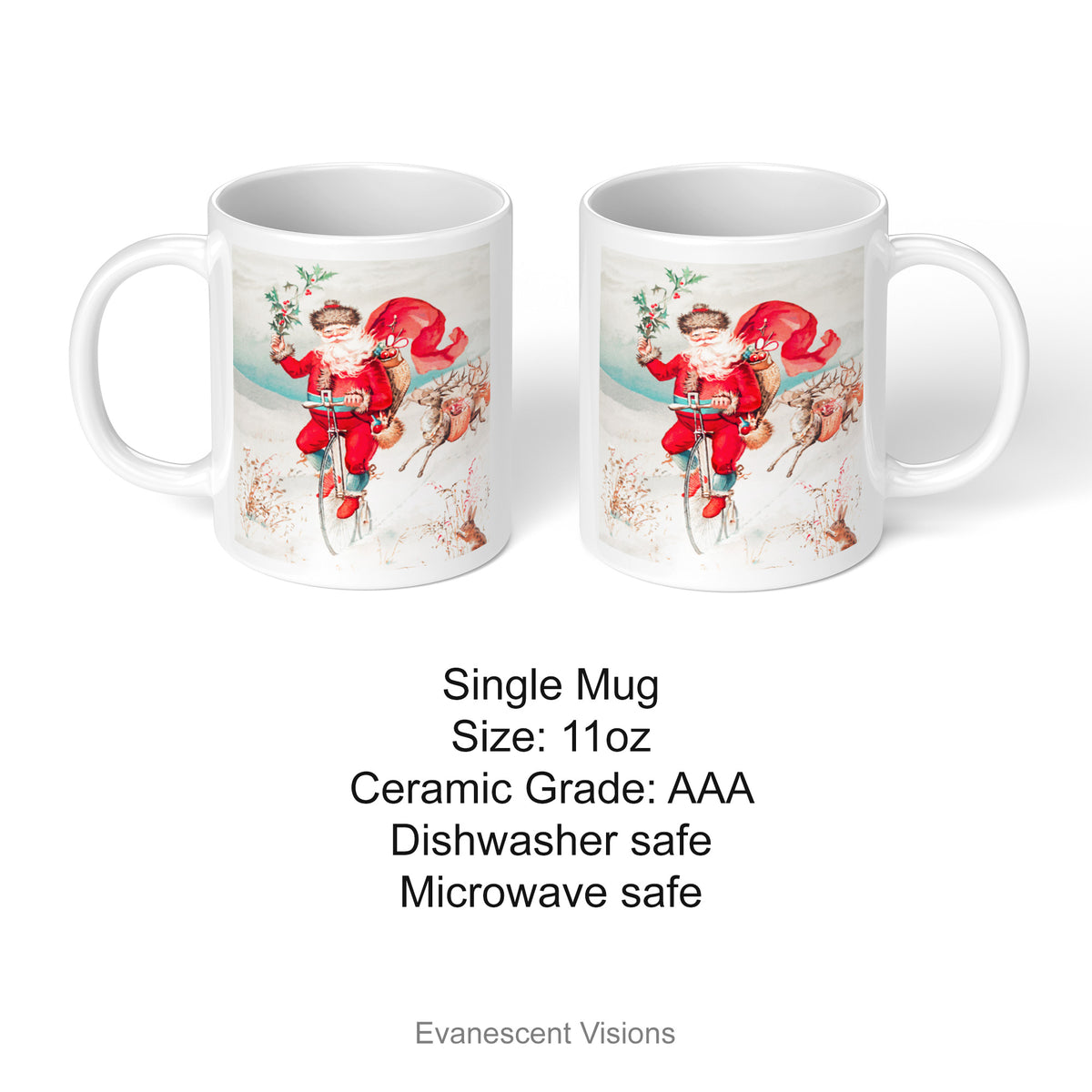 Product details for the Santa Christmas Mug, with a vintage painting of Santa on a Penny Farthing bycicle.