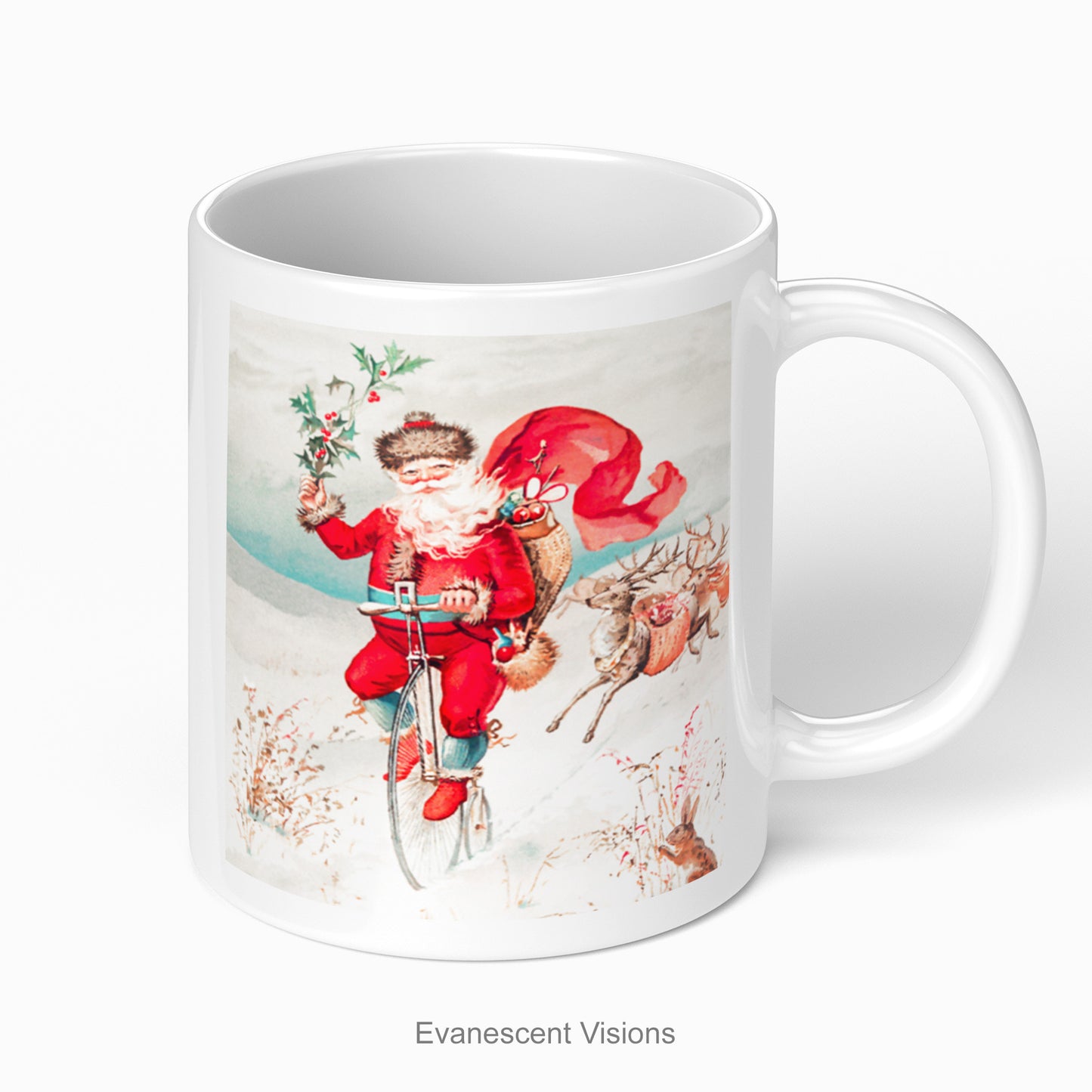 Santa Christmas Mug, with a vintage painting of Santa on a Penny Farthing bycicle.
