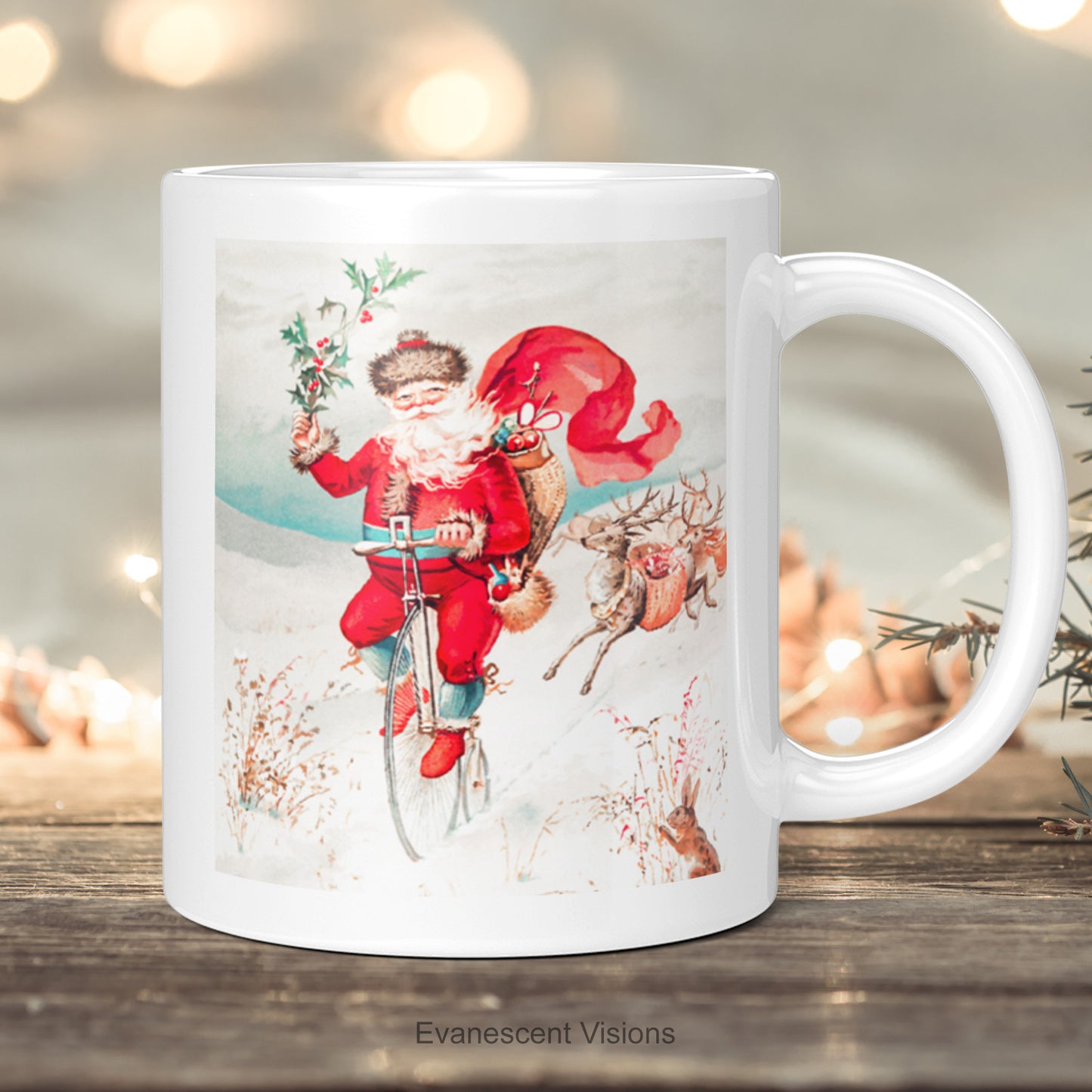 Santa Christmas Mug, with a vintage painting of Santa on a Penny Farthing bycicle. 