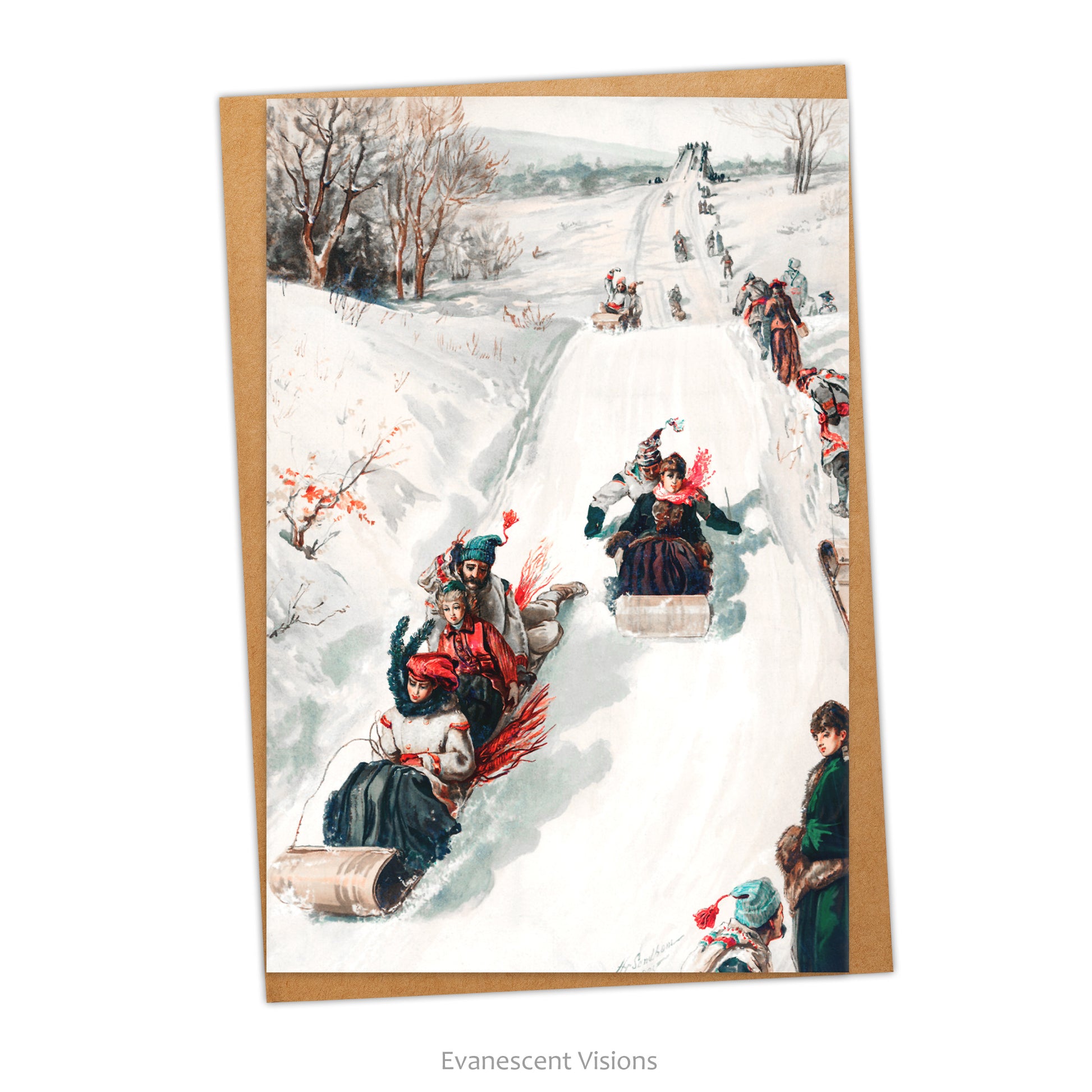 Card and envelope. Card image shows a vintage design of a tobogan race in the snow.