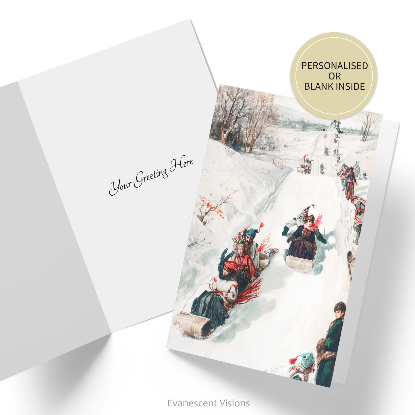 Card with image showing a vintage design of a tobogan race in the snow. Also shown is inside of card with custom greeting and sticker saying 'Personalised or blank inside.'