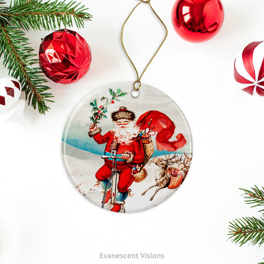 Ceramic Christmas ornament with a vintage image of Santa riding a Penny Farthing