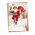 Card and envelope. Image on card shows a Father Christmas riding a penny farthing with a reindeer following him. He holds a sprig of holly.