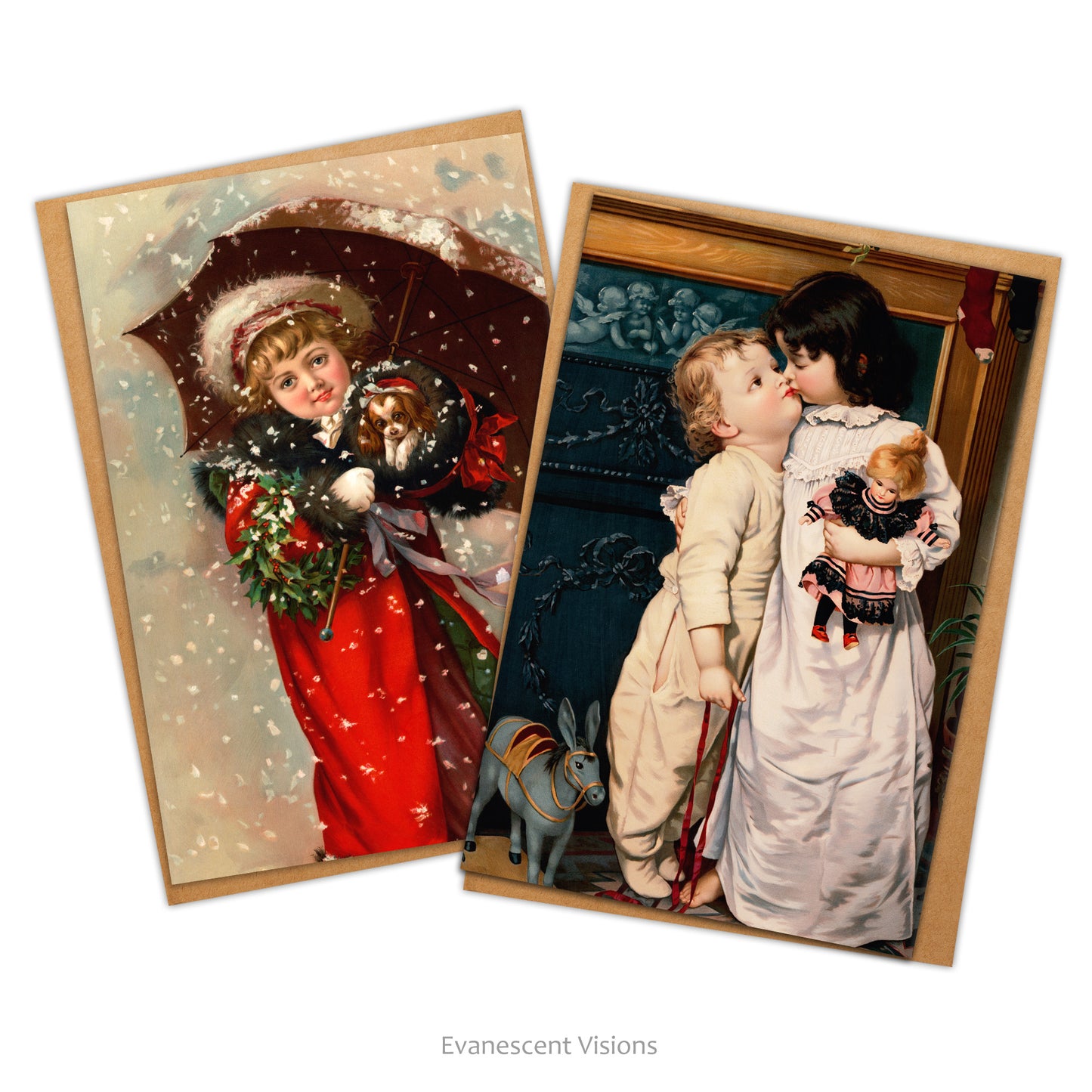 Two vintage Xmas Cards featuring cute children in Christmas-themed scenes.