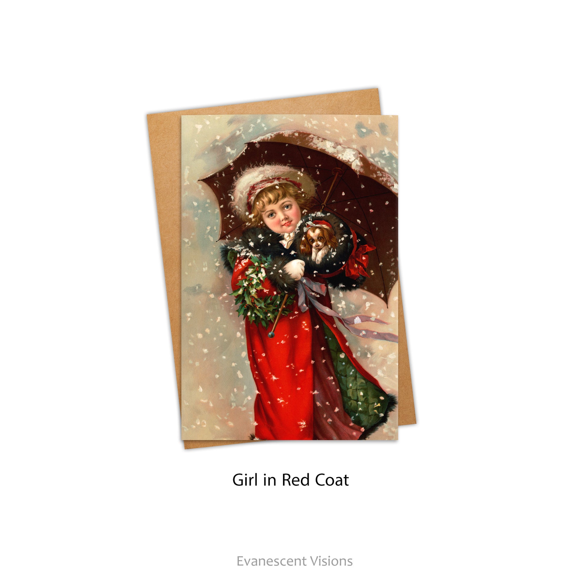 Card and envelope. Card shows a snowy image of little girl in red coat holding an umbrella and a puppy in her muff, with a wreath of holly