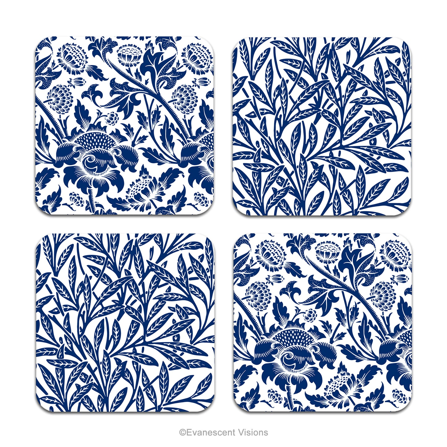 Set of 4 coasters with blue and white floral and botanical patterns.