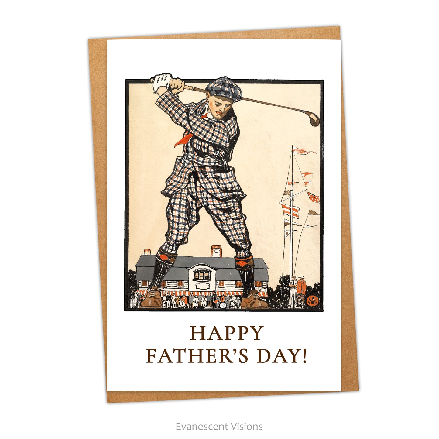 Vintage design Golfing Father's Day Card with envelope. Design from an illustration by artist Edward Penfield