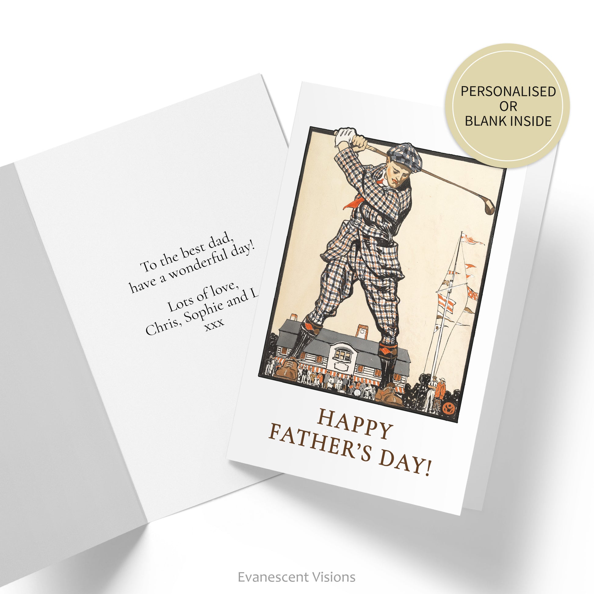 'Happy Father's Day' card with an illustration by artist Edward Penfield shown with inside of card displaying a personalised greeting