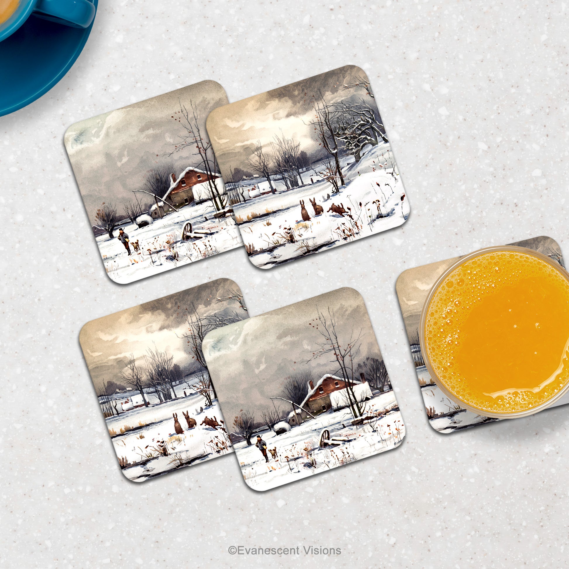Counter top with snowy winter scene coasters and drinks