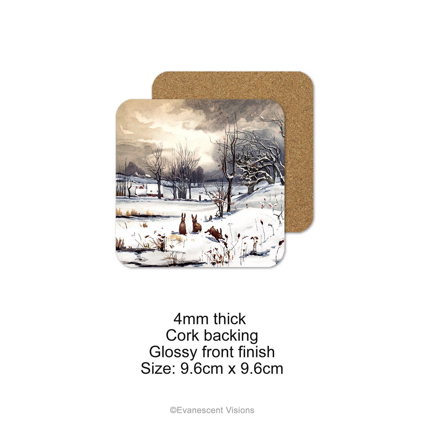 Single coaster with snowy winter scene and cork backing. Product details below coaster.