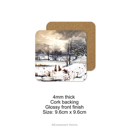 Single coaster with snowy winter scene and cork backing. Product details below coaster.