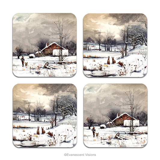 Set of 4 coasters with snowy winter scenes