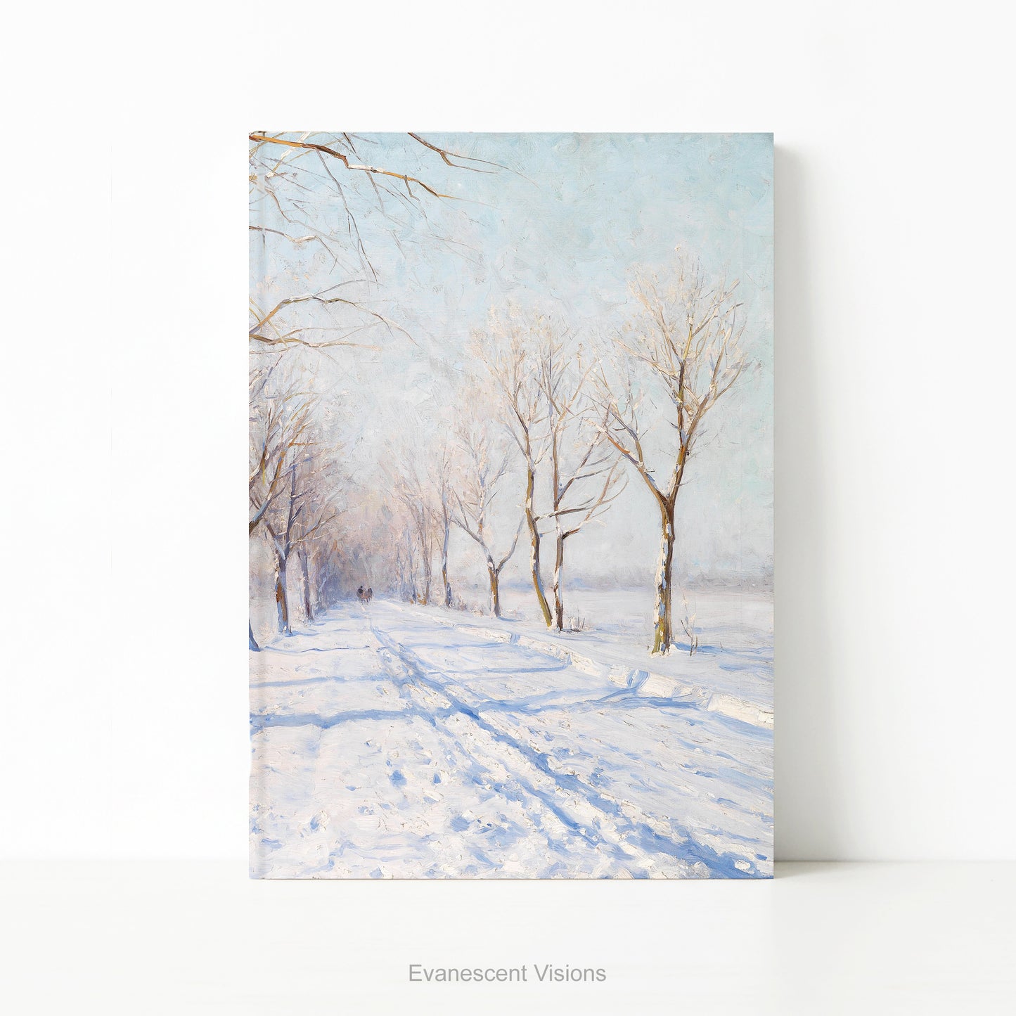 A hardback notebook featuring  a winter landscape from painting A Sunny Winters Day by Walter Moras. 