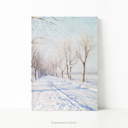A hardback notebook featuring  a winter landscape from painting A Sunny Winters Day by Walter Moras. 