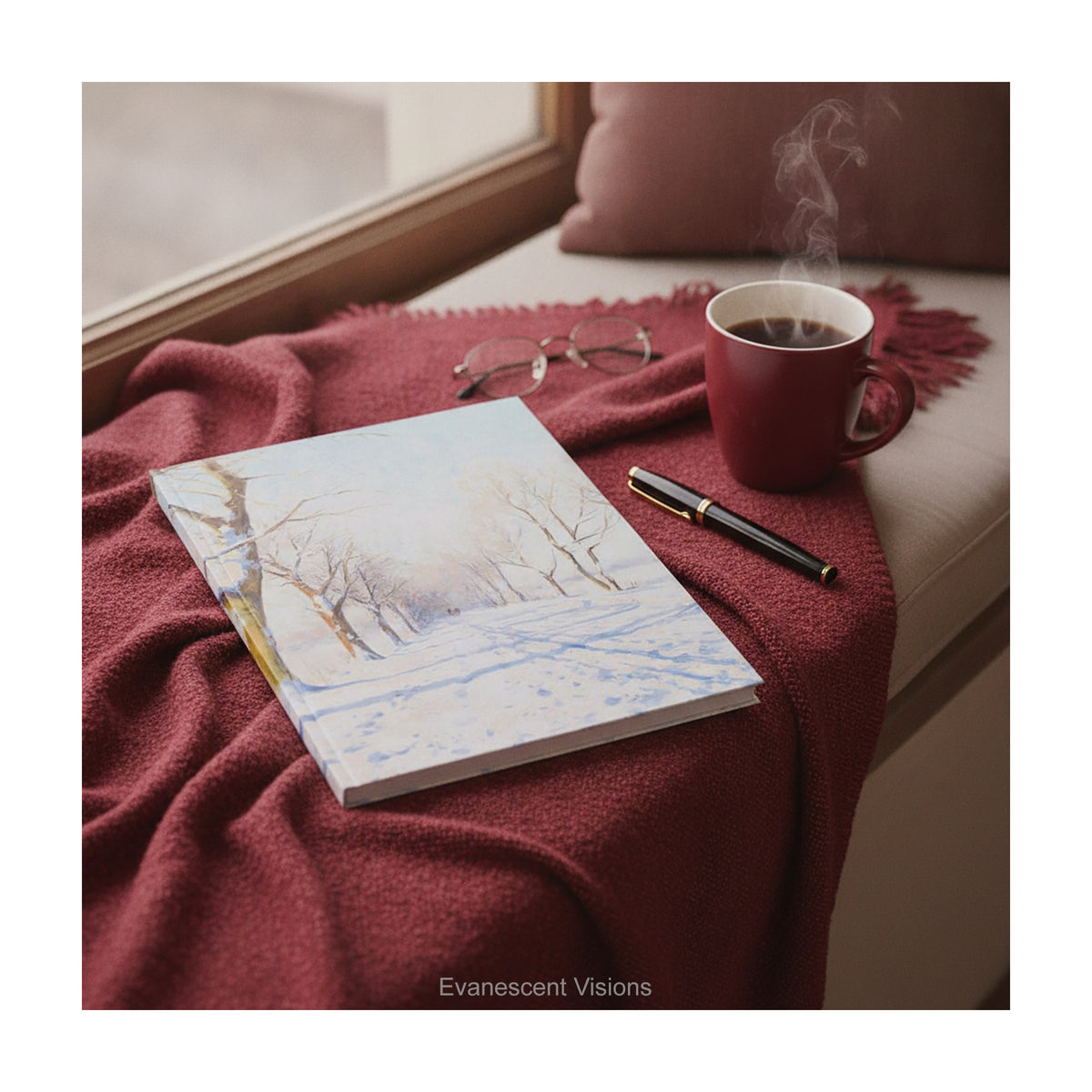 A hardback notebook featuring  a winter landscape on a red blanket with coffee mug and glasses.