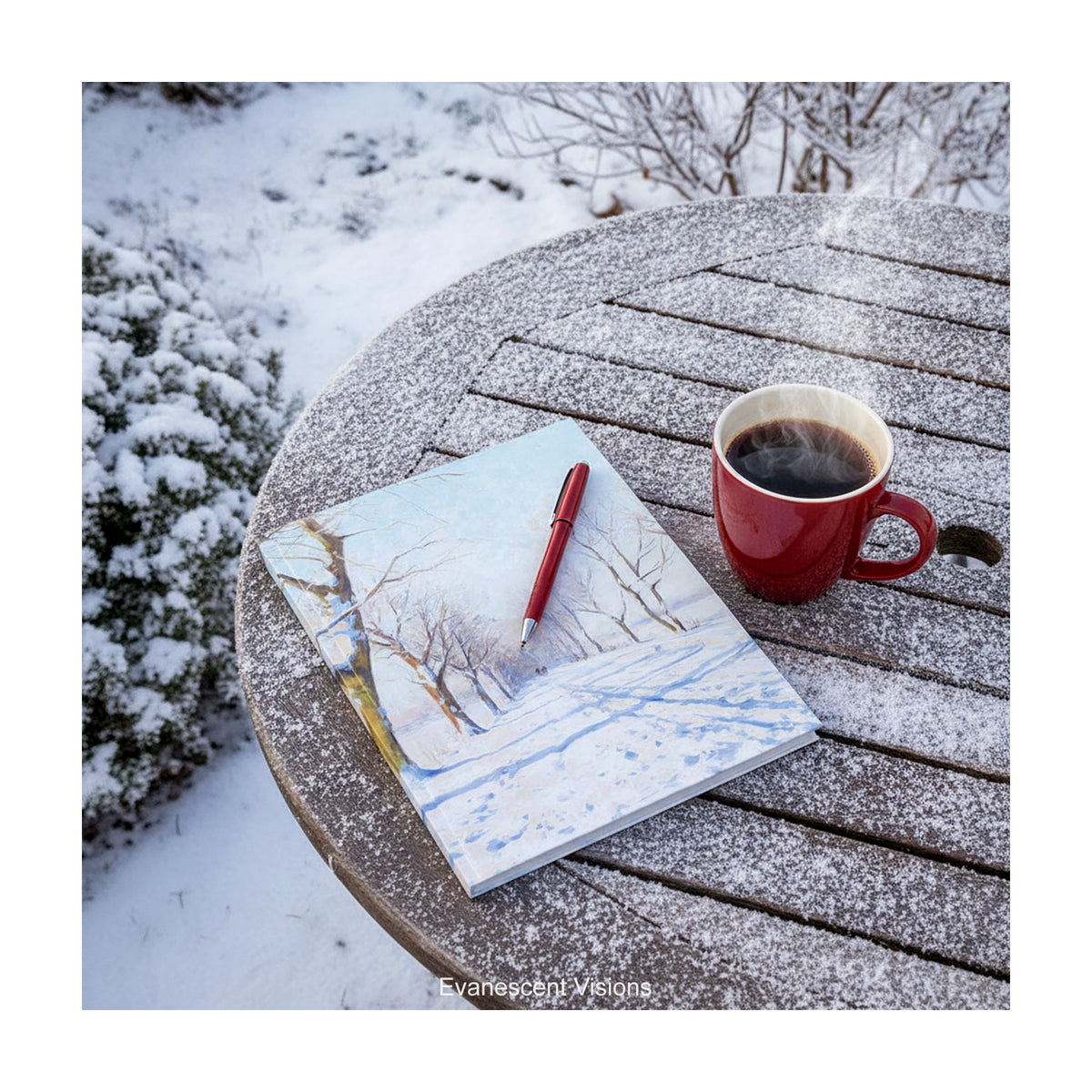A hardback notebook featuring  a snowy winter landscape, shown on  garden table in the snow.  