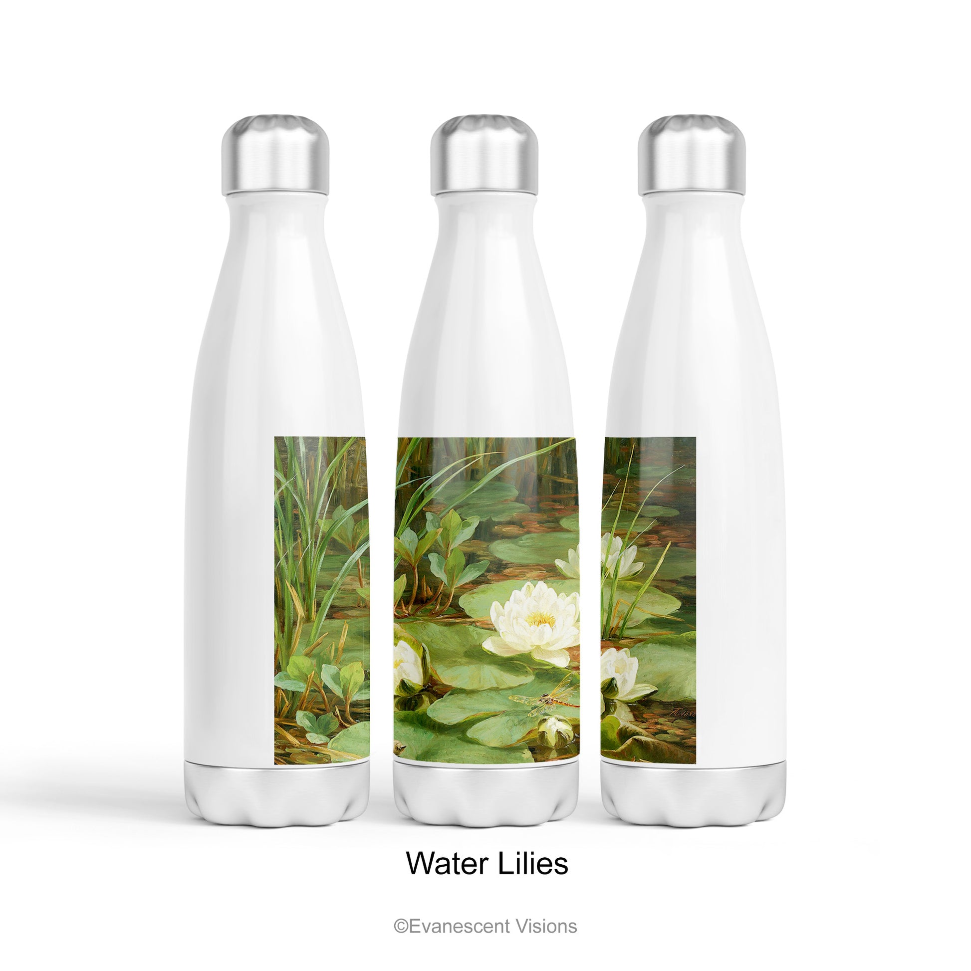 Three Stainless Steel Water Bottles with the design option 'Water Lilies' 