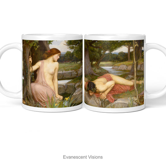 Left and right side views of the John William Waterhouse Echo and Narcissus Fine Art Mug