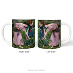 Left and right side views of a ceramic mug featuring painting 'Gather Ye Rosebuds While Ye May ' .