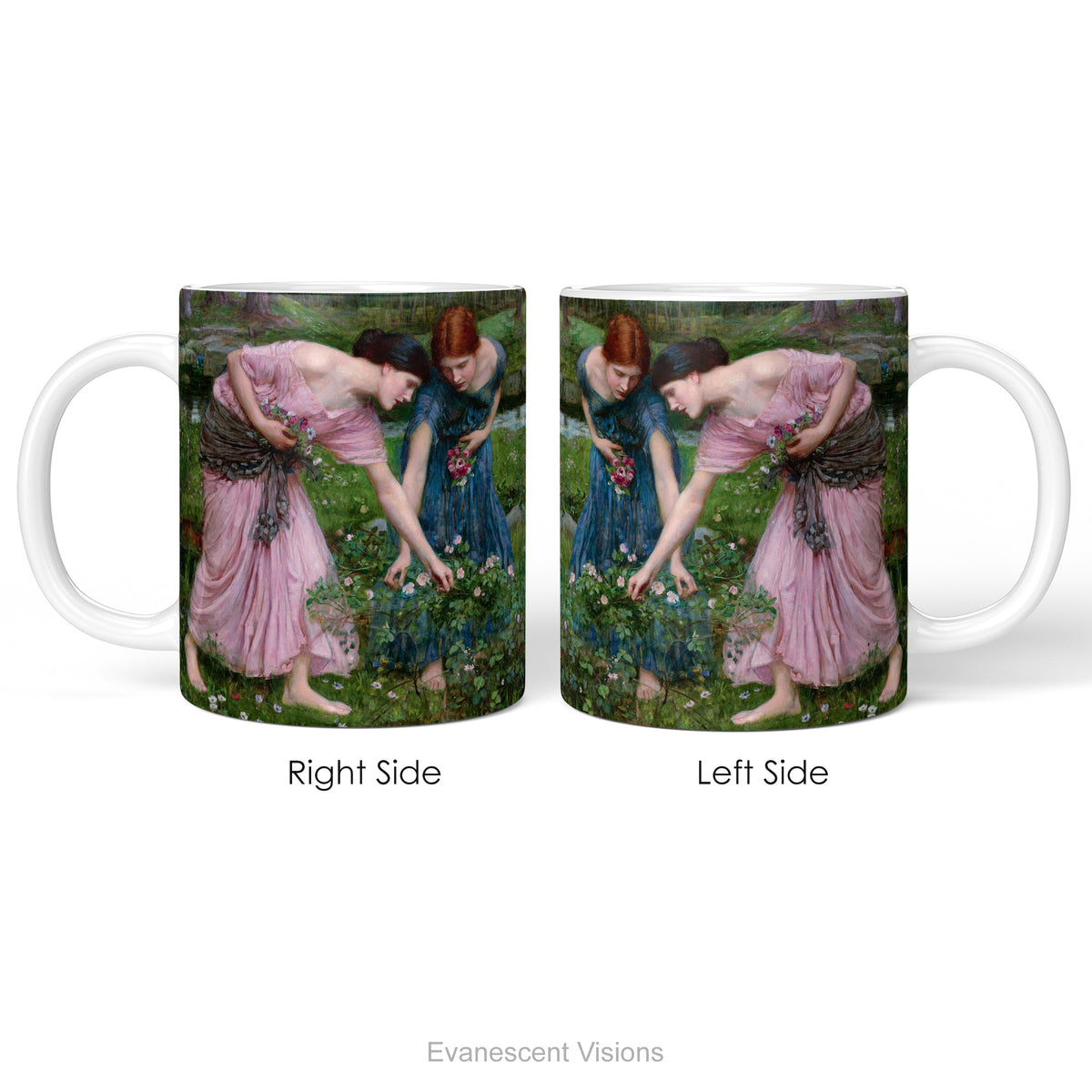 Left and right side views of a ceramic mug featuring painting 'Gather Ye Rosebuds While Ye May ' .