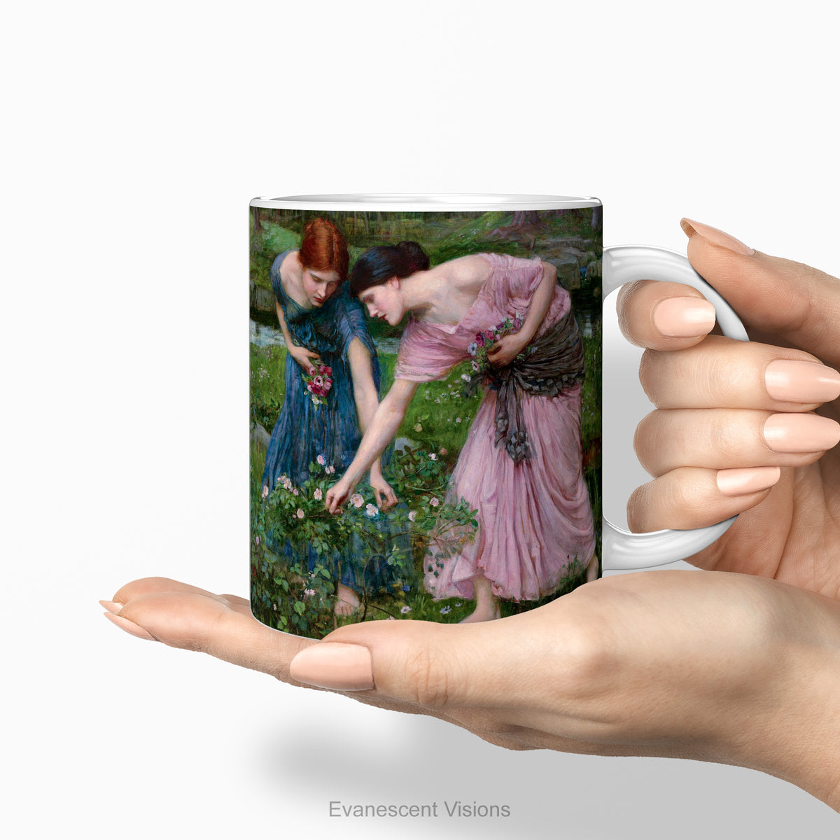 Hands holding a ceramic mug featuring painting 'Gather Ye Rosebuds While Ye May '.