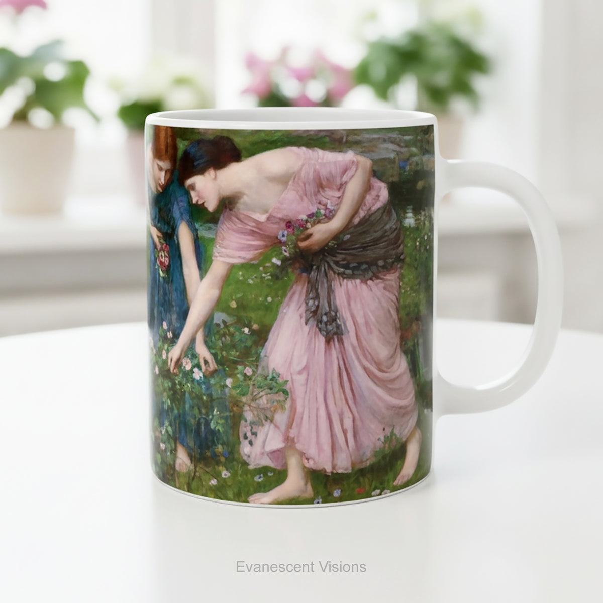 Ceramic mug featuring painting 'Gather Ye Rosebuds While Ye May ' , styled in a floral room.