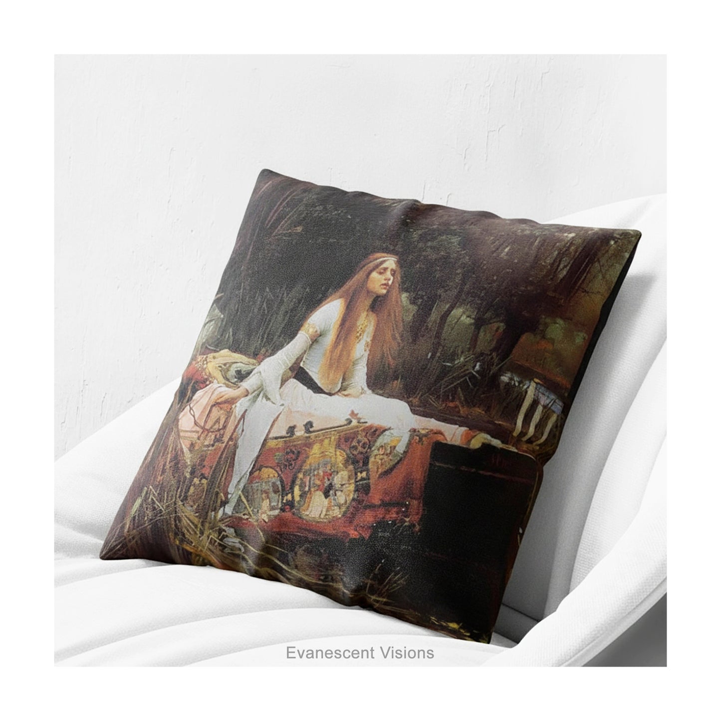A square decorative cushion  featuring the painting 'The Lady of Shalott' by JW Waterhouse, shown on a white chair.