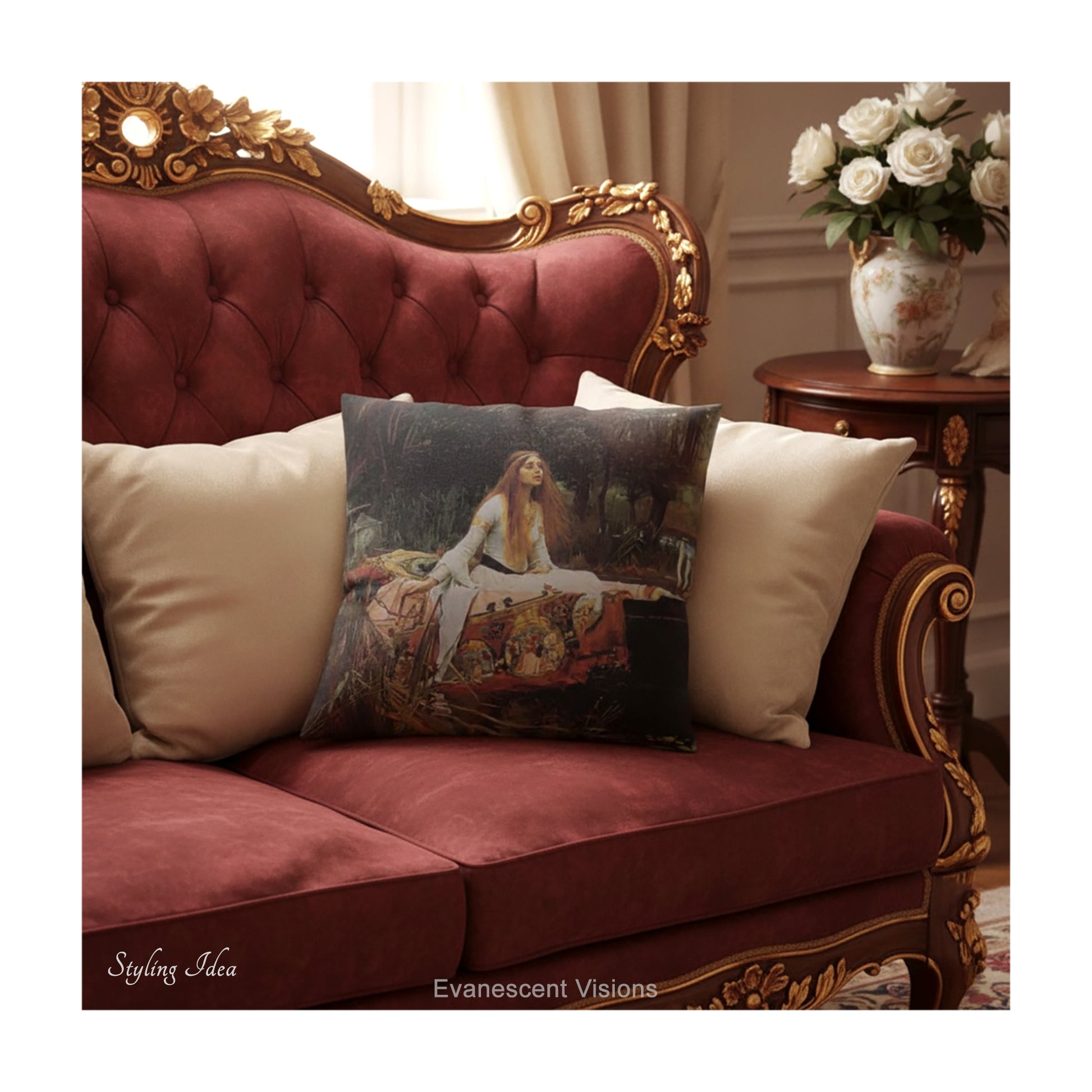 A square decorative cushion  featuring the painting 'The Lady of Shalott' by JW Waterhouse, shown on baroque style red couch. 