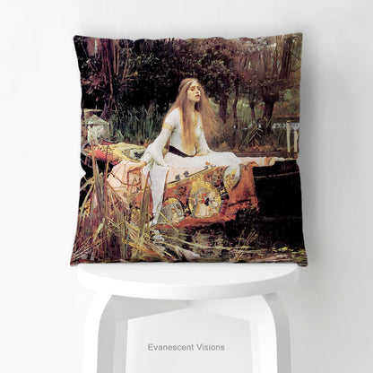 A square decorative cushion  featuring the painting 'The Lady of Shalott' by JW Waterhouse, shown on a white stool.