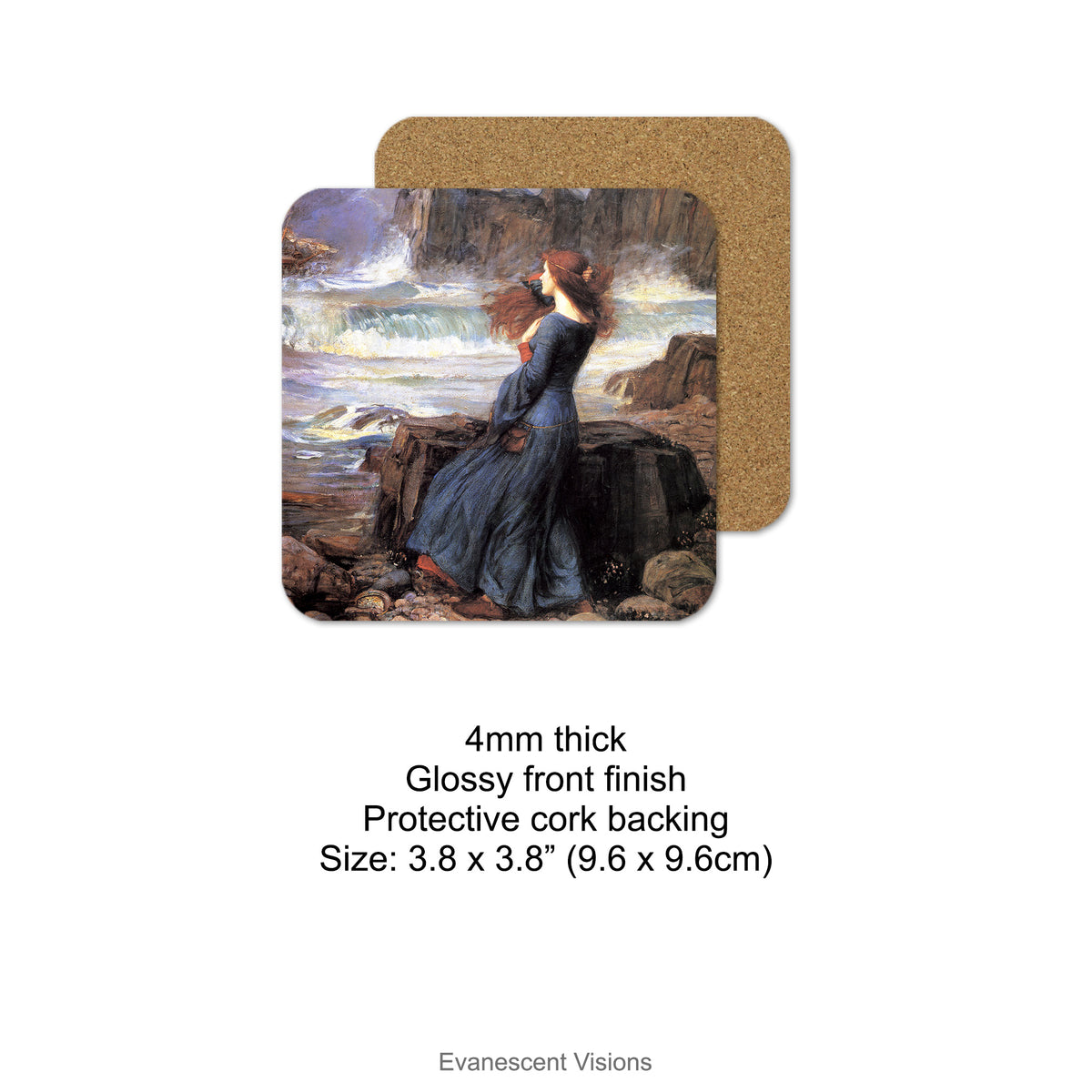 Coaster shown with glossy front and protective cork back with product information