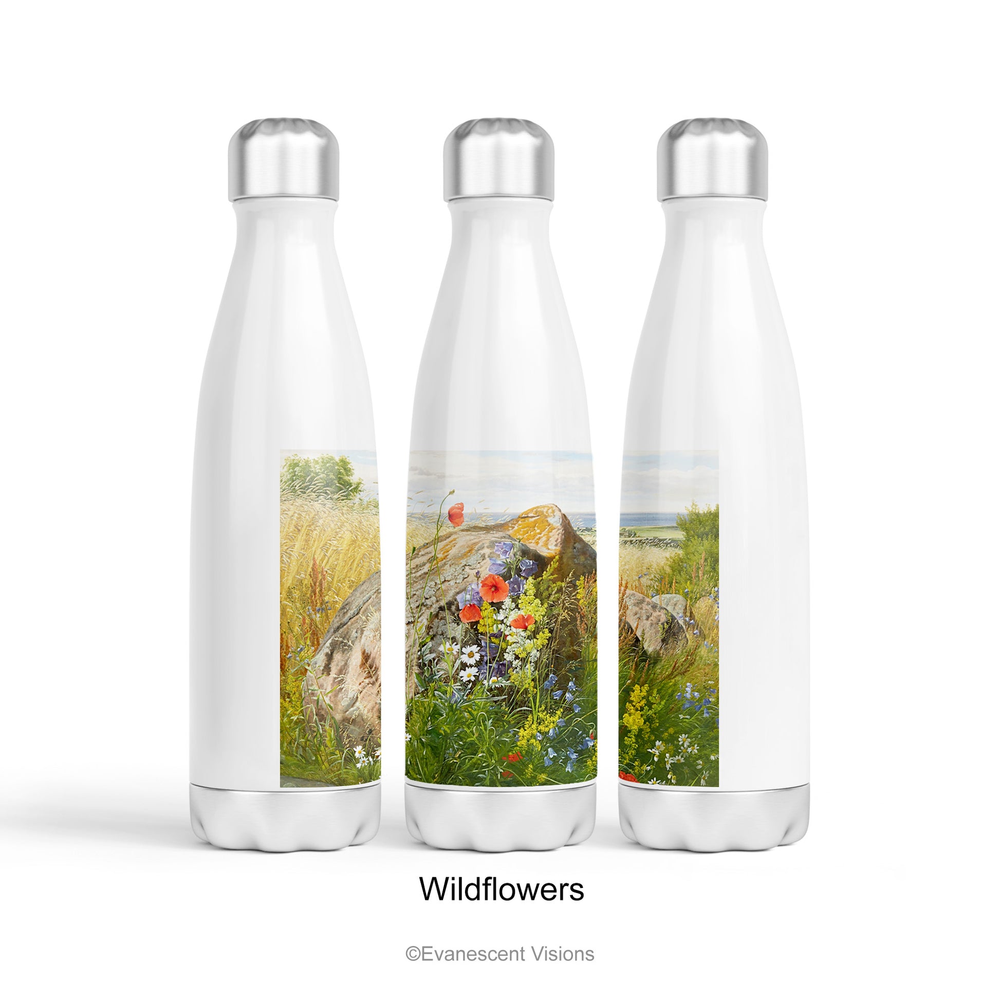 Three Stainless Steel Water Bottles with the design option 'Wildflowers by a Cornfield' 