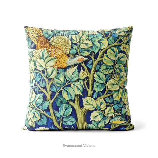 A square decorative cushion on a white background with design 'Cock Pheasant ' by William Morris. 