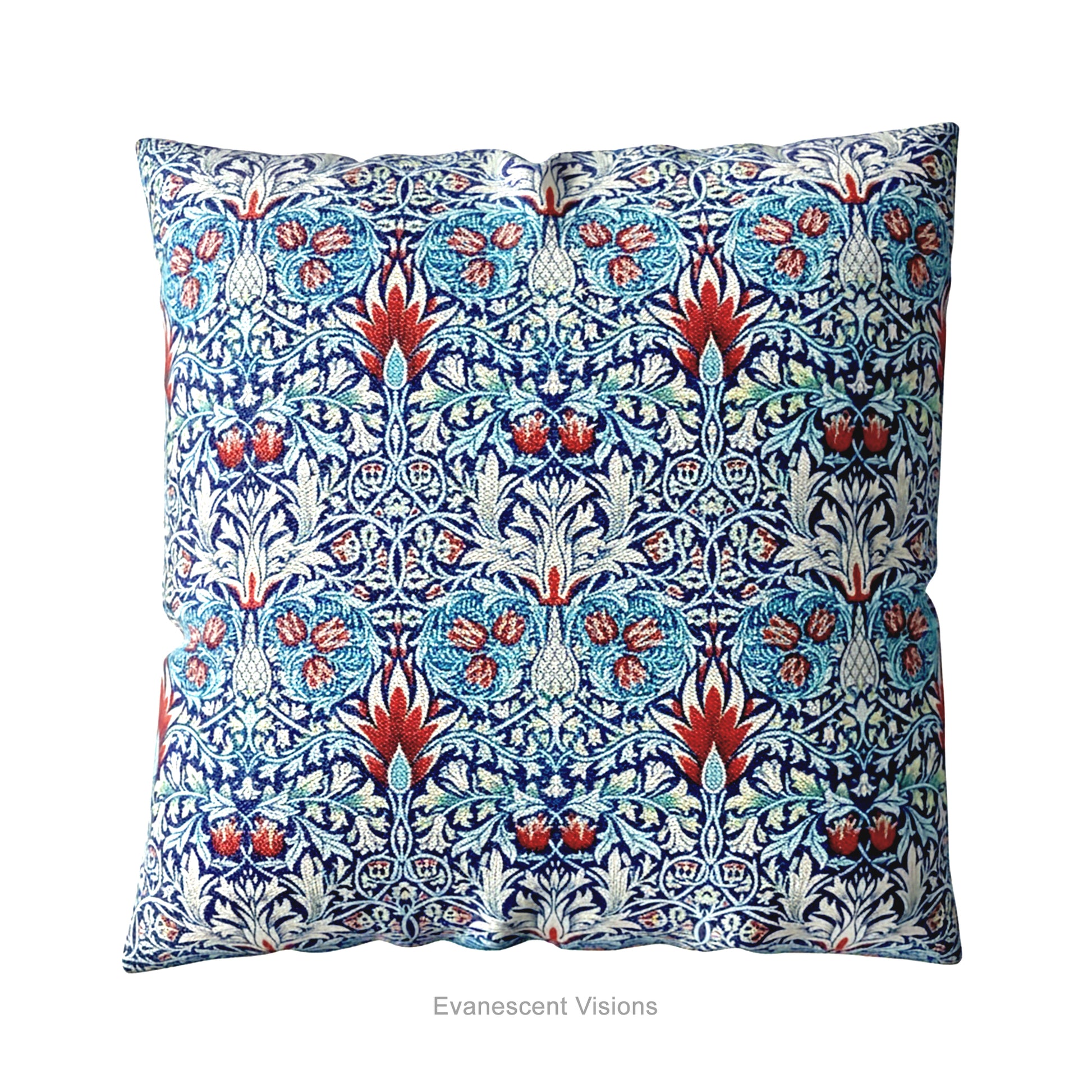 A square decorative cushion with red and blue botanical themed pattern entitled 'Snakeshead' by William Morris.  
