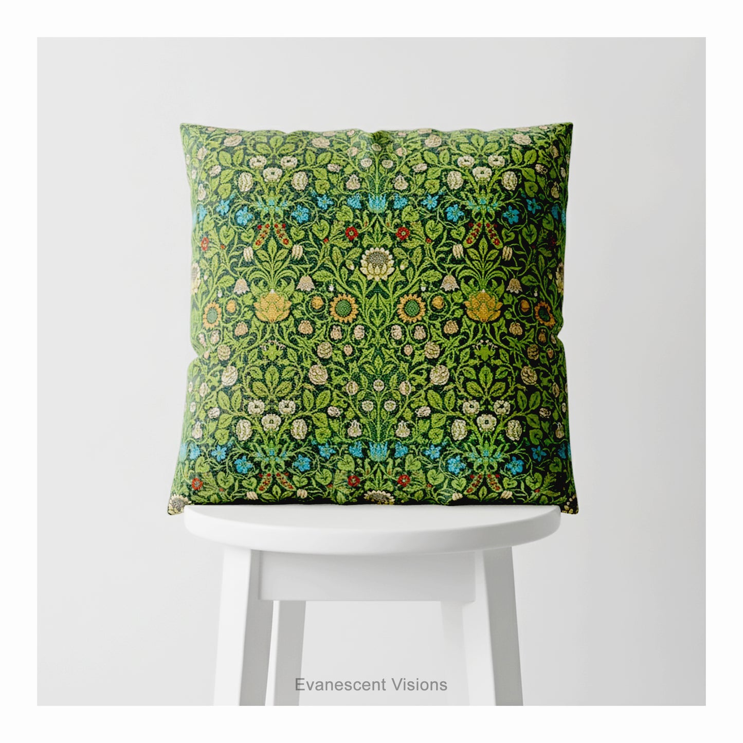 A square decorative cushion on a white stool featuring the floral pattern 'Violet and Columbine' by William Morris.