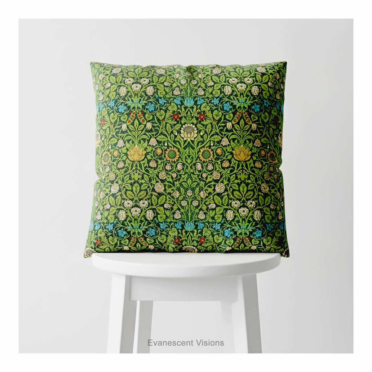 A square decorative cushion on a white stool featuring the floral pattern 'Violet and Columbine' by William Morris.