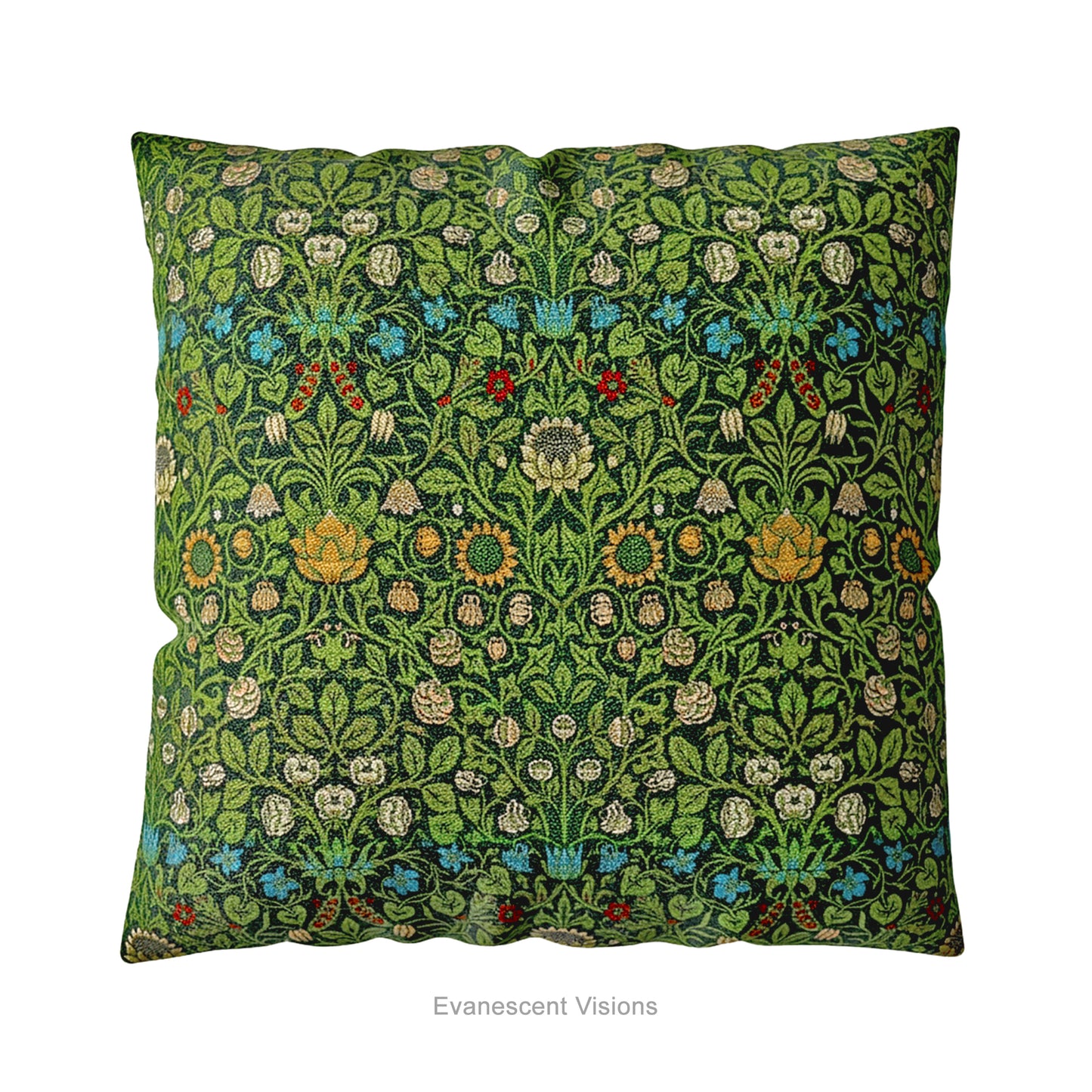 A square decorative cushion  featuring the floral pattern 'Violet and Columbine' by William Morris, on a white background. 